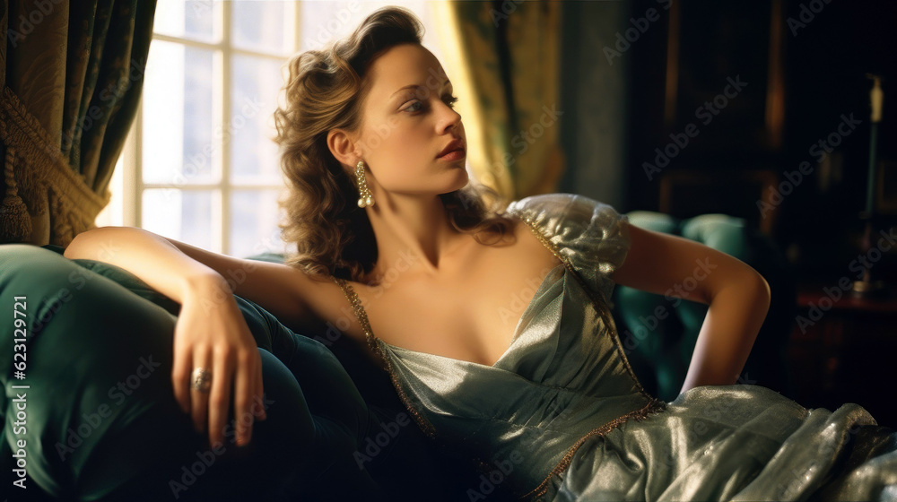 Pretty woman lying down on a green sofa in an ornate room, in the style of glamorous hollywood. Generative AI Pretty woman lying down on a green sofa in an ornate room, in the style of glamorous hollywood. Generative AI