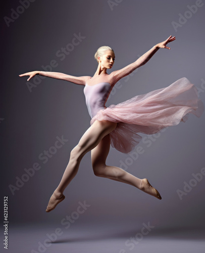 Ballerina jumping over studio background. Modern ballet dancer in pointe shoes. Generative AI