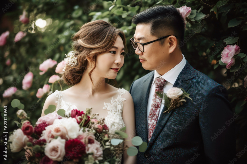 Asian bride and groom standing together in the middle of flower garden. Generative AI Asian bride and groom standing together in the middle of flower garden. Generative AI
