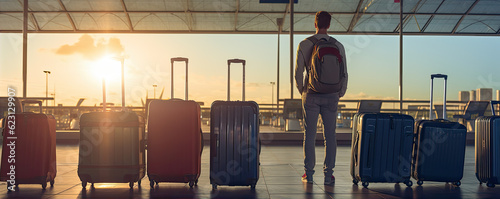 Young man travel with bagagge or suitcase. travel concept. photo