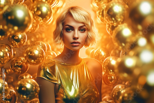 woman in golden dress against the background of golden abstract spheres. Generative ai