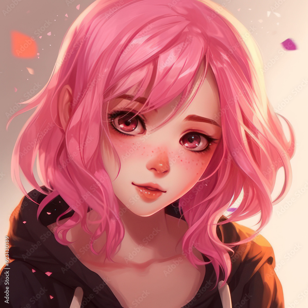 Anime girl with pink hair. AI generative.