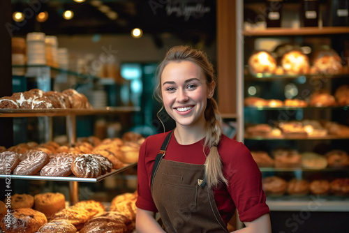 Smiling saleswomen at the bakery. AI generative. photo