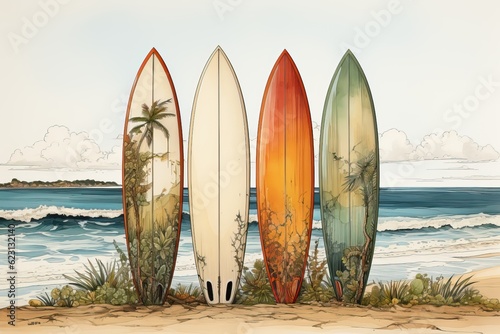 4 Planches de surf vintage plantés dans le sable avec la mer en arriere plan, illustration, IA, génératif © jp