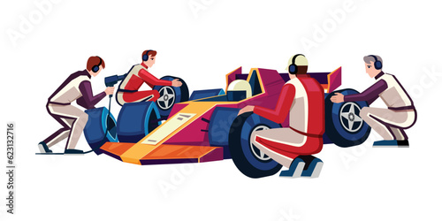 pit stop crew. mechanic technicians and engineers workers in racing uniform changing wheels of bolide, autocross car repairing. vector cartoon illustration.