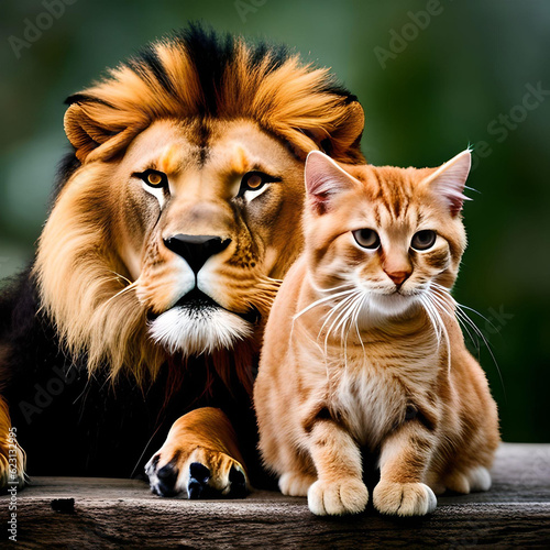 Adult Lion and House Cat Sitting Side by Side 