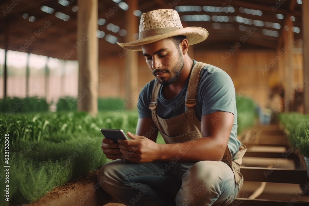 Modern farmer - rural worker - using tech to improve production Illustration created with generative ai