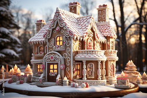 A Christmas gingerbread house. AI generativ.