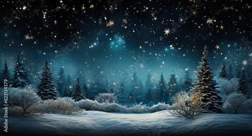 A snowy landscape with trees and stars in the sky. Generative AI. © tilialucida