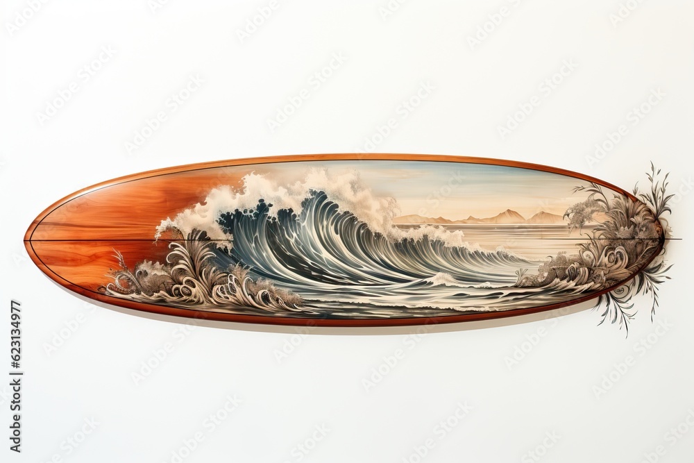 Planche de surf décorative sen bois sur fond blanc, ia, générative Planche de surf décorative sen bois sur fond blanc, ia, générative