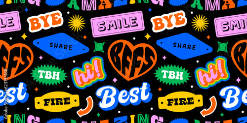 Funny retro text quote sticker seamless pattern. Colorful vintage style typography sign background. Fun repeat texture print with slang lettering, comic word icon.