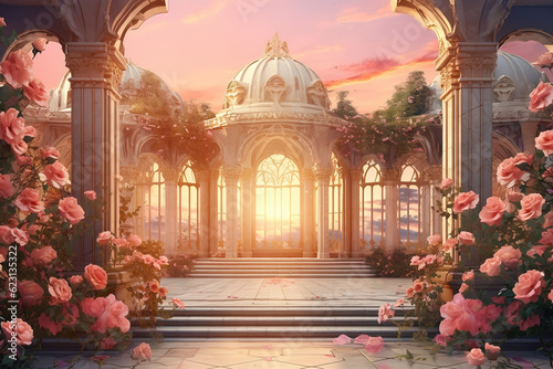 illustration fantasy background wallpaper of beautiful rose flower at ancient palace garden yard