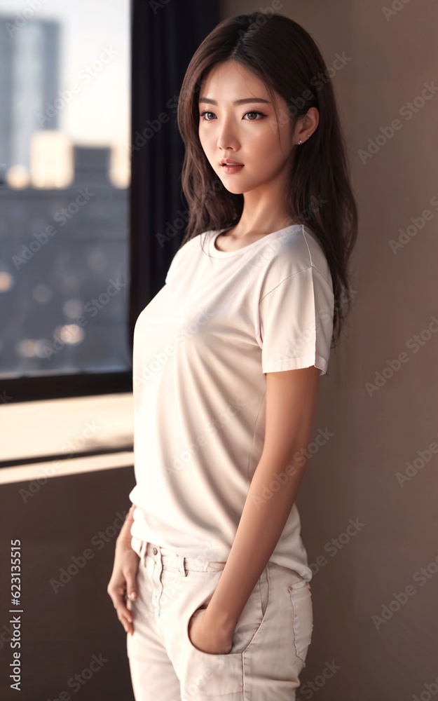 beautiful asian woman at comfort bedroom, generative AI