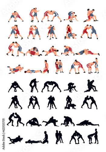 Set of wrestlers silhouettes. Image of greco roman wrestling, martial art, sportsmanship