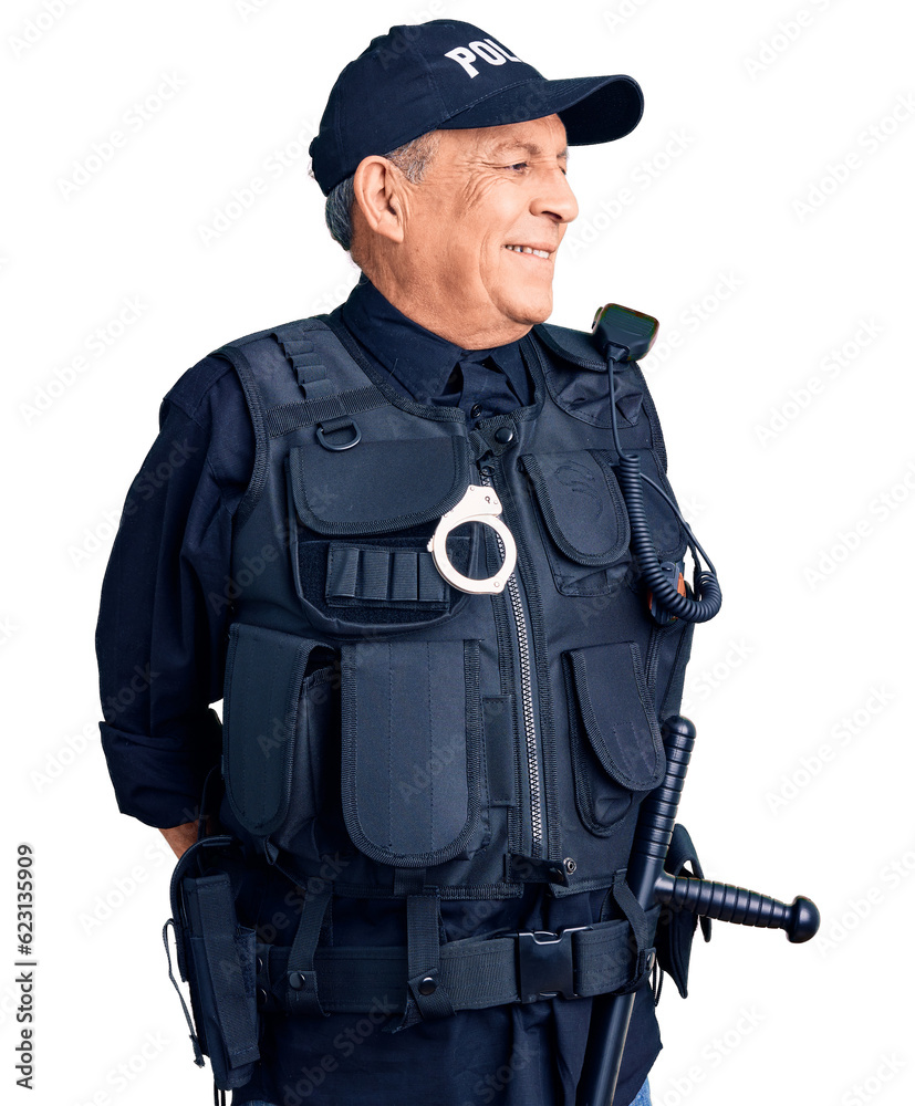 Senior handsome man wearing police uniform looking away to side with smile on face, natural expression. laughing confident. Senior handsome man wearing police uniform looking away to side with smile on face, natural expression. laughing confident.