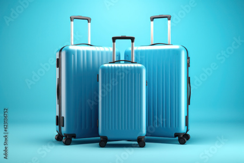 Three Large Stylish Suitcases on Pastel Copy Space. Vacation Travelling Concept. Generative AI.