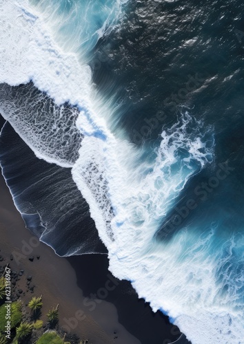 Black sand near blue clear water beach, travel destination aerial view, wallpaper. Generative Ai.