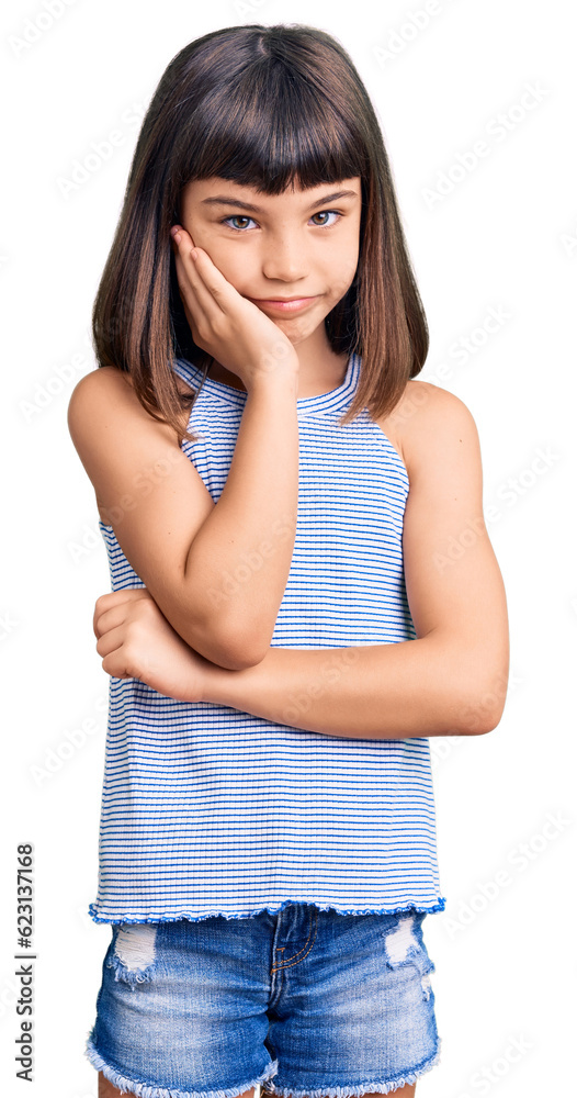 Young little girl with bang wearing casual clothes thinking looking tired and bored with depression problems with crossed arms. Young little girl with bang wearing casual clothes thinking looking tired and bored with depression problems with crossed arms.
