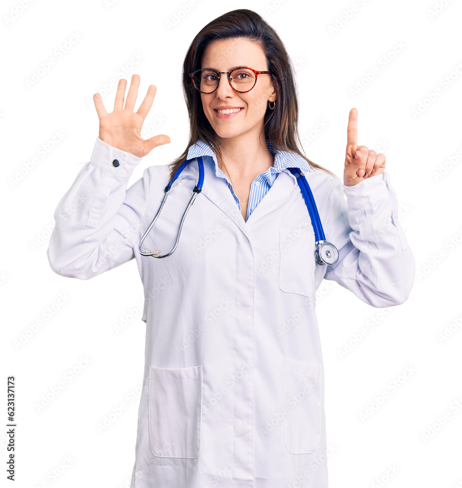 Young beautiful woman wearing doctor stethoscope and glasses showing and pointing up with fingers number six while smiling confident and happy. Young beautiful woman wearing doctor stethoscope and glasses showing and pointing up with fingers number six while smiling confident and happy.