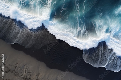 Black sand near blue clear water beach, travel destination aerial view, wallpaper. Generative Ai.