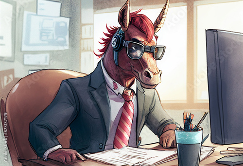 A horse in a suit sits in the office in a watercolor style. AI Generated