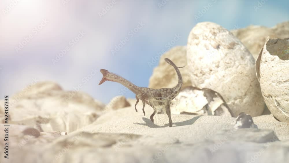 A dinosaur is born from a dinosaur egg in the prehistoric period of the dinosaurs era 3d render 
