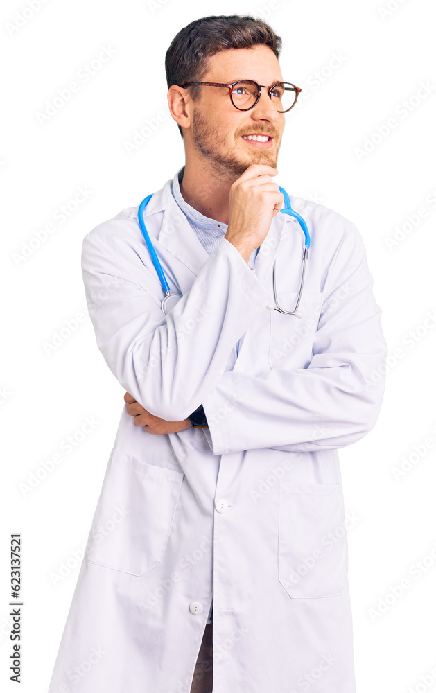 Handsome young man with bear wearing doctor uniform with hand on chin thinking about question, pensive expression. smiling with thoughtful face. doubt concept. Handsome young man with bear wearing doctor uniform with hand on chin thinking about question, pensive expression. smiling with thoughtful face. doubt concept.