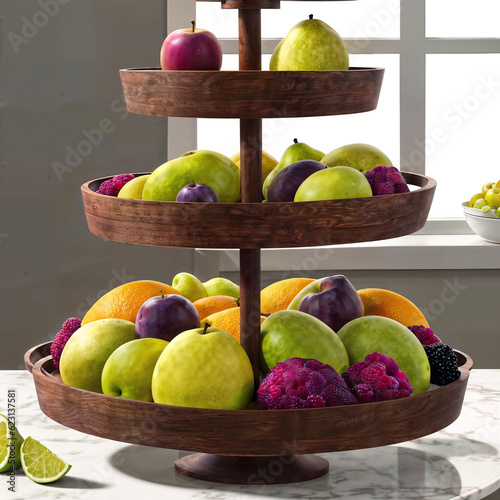 fruit tray 3tier on table at kitchen room, generative AI photo