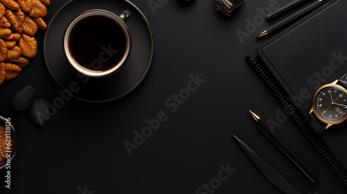 Modern dark workspace top view flat lay copy space with black accessories. Generative Ai