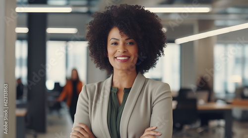 Photo portrait of an African-American businesswoman standing in modern open plan office setting, smiling, confident and relaxed, photography created generative AI photo