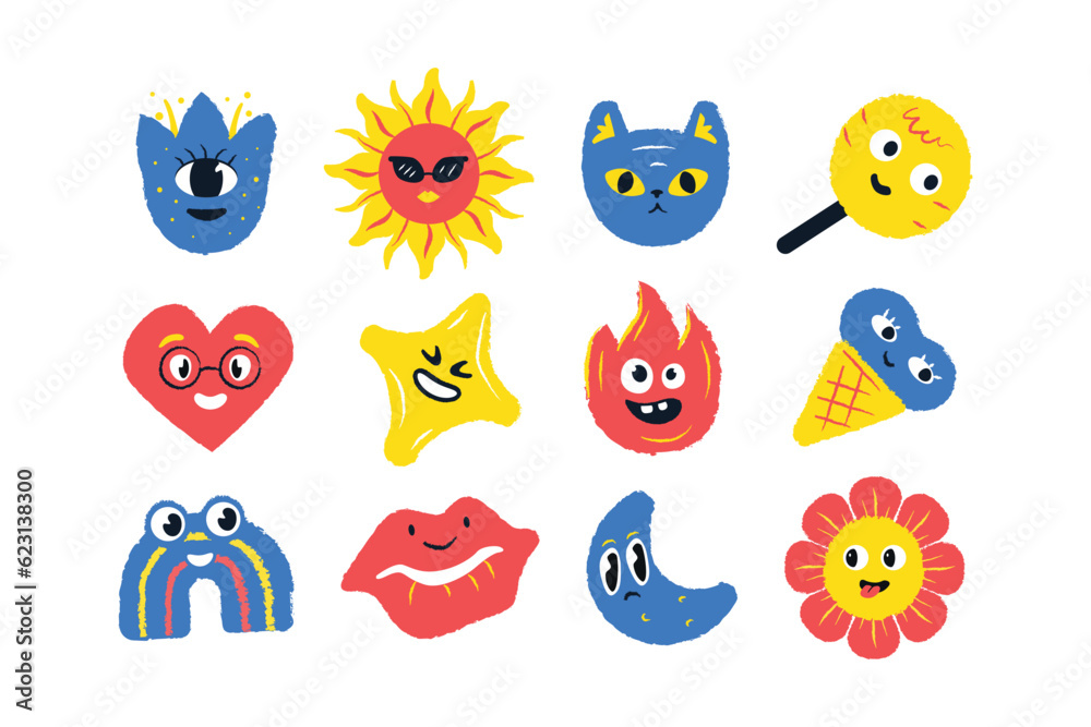 Obraz premium A bundle of multicolored textured characters in a primitive children's style with different emotions. Hand drawn doodle illustration.