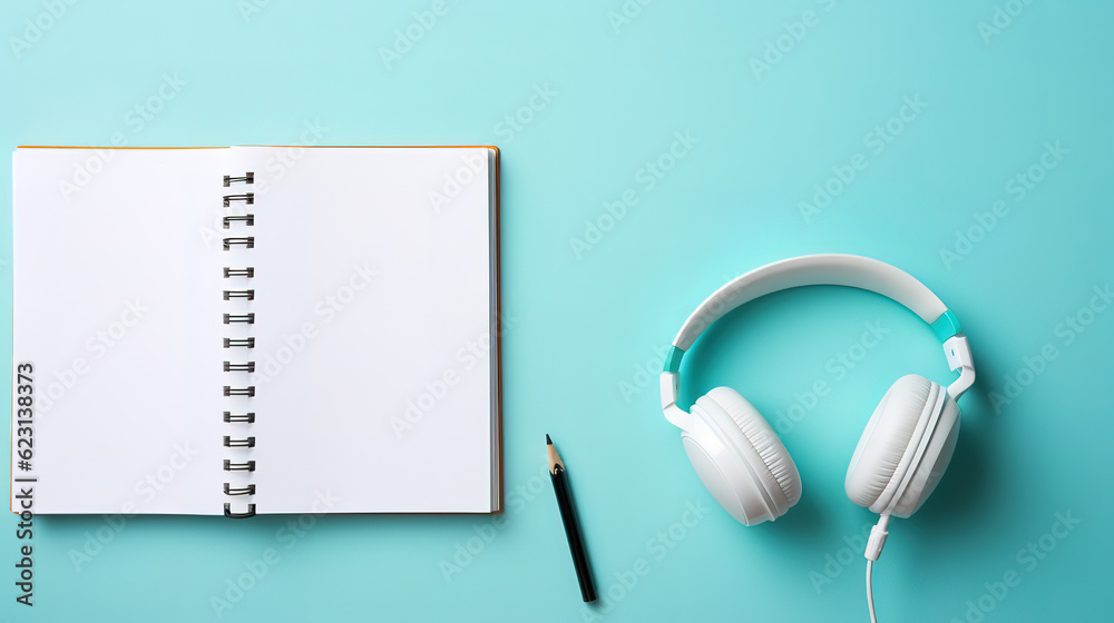 Top view photo of black headset with microphone on white keyboard cup of coffee. Generative Ai Top view photo of black headset with microphone on white keyboard cup of coffee. Generative Ai