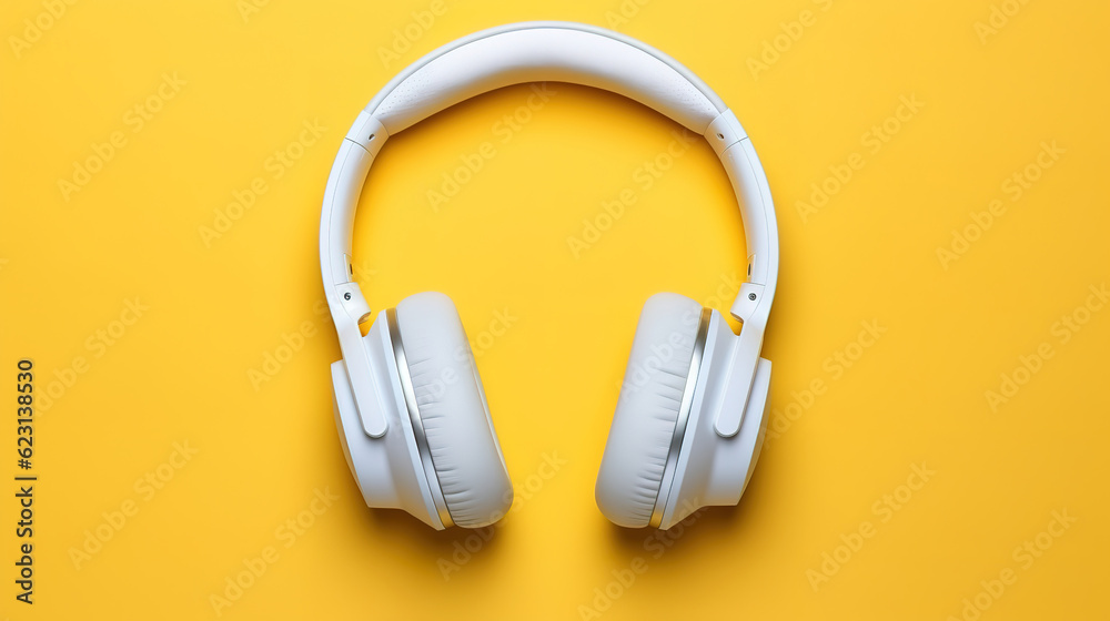 White modern headphones and tablet on trending yellow backgound flat lay. Generative Ai White modern headphones and tablet on trending yellow backgound flat lay. Generative Ai