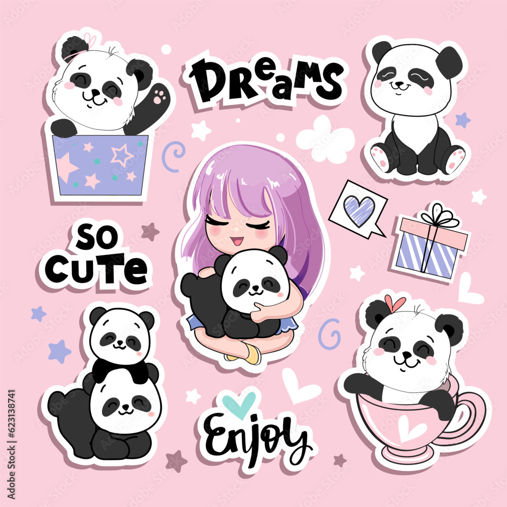 Obraz premium Cute collection stickers with cartoon anime girl and panda toys. Vector illustration print for t-shirt. Concept birthday