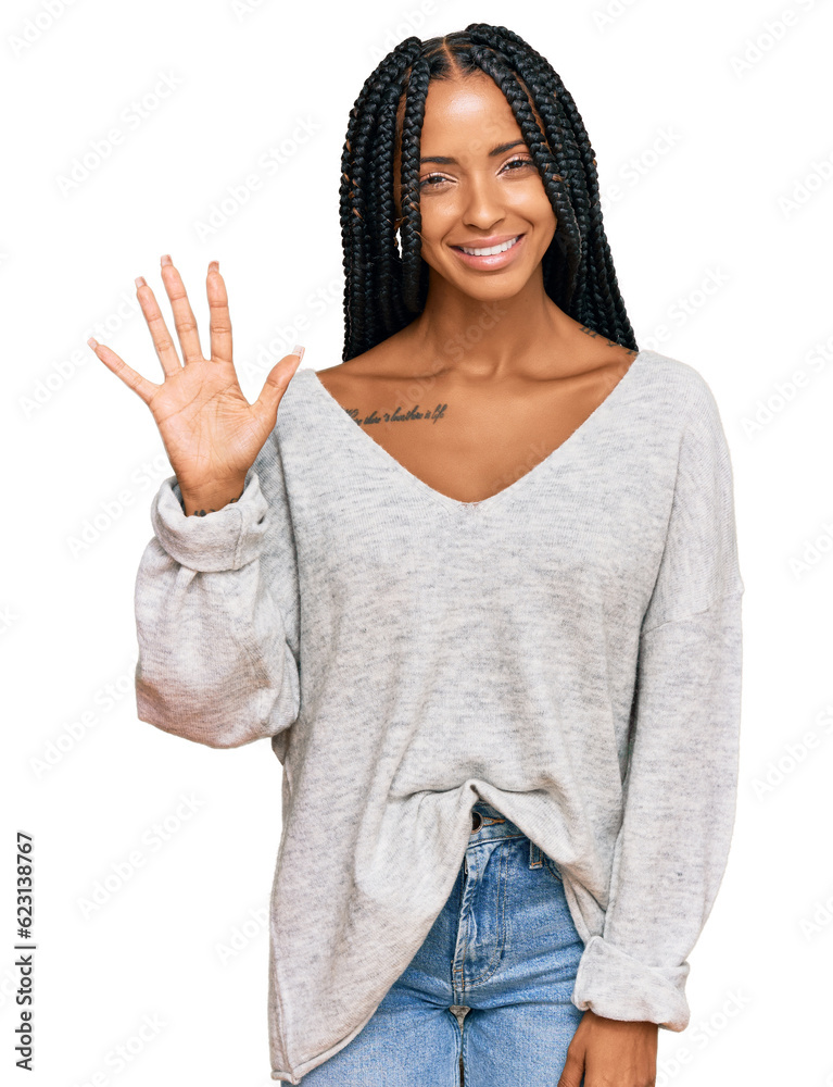 Beautiful hispanic woman wearing casual clothes showing and pointing up with fingers number five while smiling confident and happy. Beautiful hispanic woman wearing casual clothes showing and pointing up with fingers number five while smiling confident and happy.