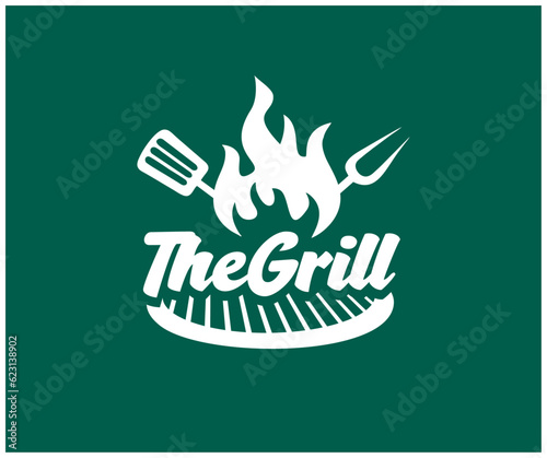 The Grill logo design. BBQ and grill tools Spatula and fork. Barbecue Grill Label vector design and illustration.
 

