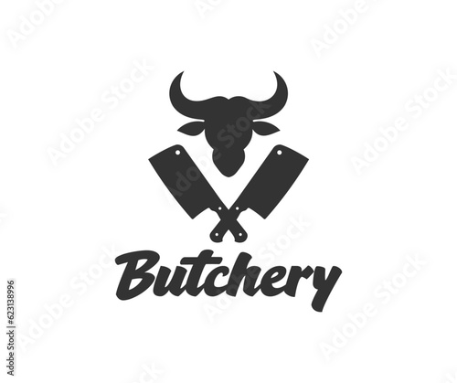 Vintage Retro Butchery shop label logo design. Sharp butcher knives crossed with bull head silhouette symbol for meat industry vector design and illustration.
