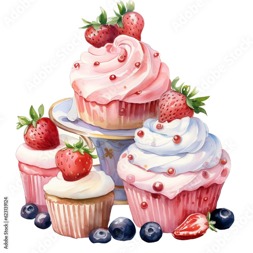 Set of five strawberry cupcakes on a transparent background.