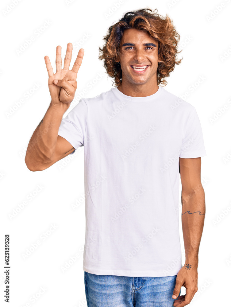 Young hispanic man wearing casual white tshirt showing and pointing up with fingers number four while smiling confident and happy. Young hispanic man wearing casual white tshirt showing and pointing up with fingers number four while smiling confident and happy.