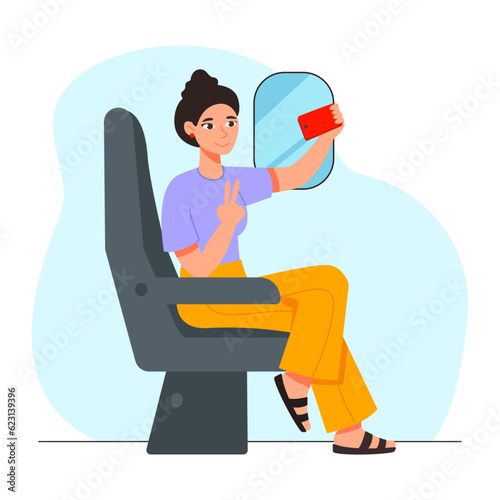 Woman sits on a plane or train and takes a selfie on her phone. Journey. Vector graphic.