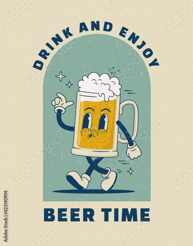 Cartoon beer mug character in retro 70s style. Vector illustration. Vintage beverage mascot poster. Nostalgia 60s, 1970s, 80s