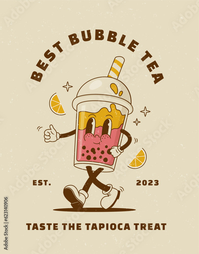Cartoon bubble tea character in retro groove style. Vector illustration. Vintage smoothie, beverage mascot poster. Nostalgia 60s, 70s, 80s