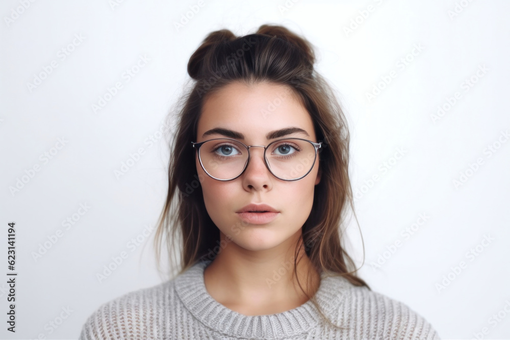 Modern young woman wearing stylish spectacles for vision correction. Eyewear store ad. Generative AI