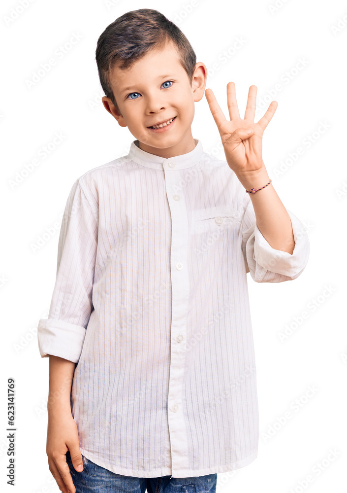 Cute blond kid wearing elegant shirt showing and pointing up with fingers number four while smiling confident and happy. Cute blond kid wearing elegant shirt showing and pointing up with fingers number four while smiling confident and happy.