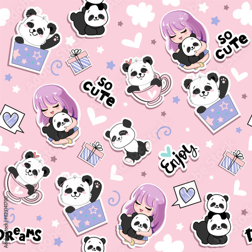 Cute stickers with cartoon anime girl and panda toys seamless pattern. Vector illustration print for t-shirt. Concept birthday