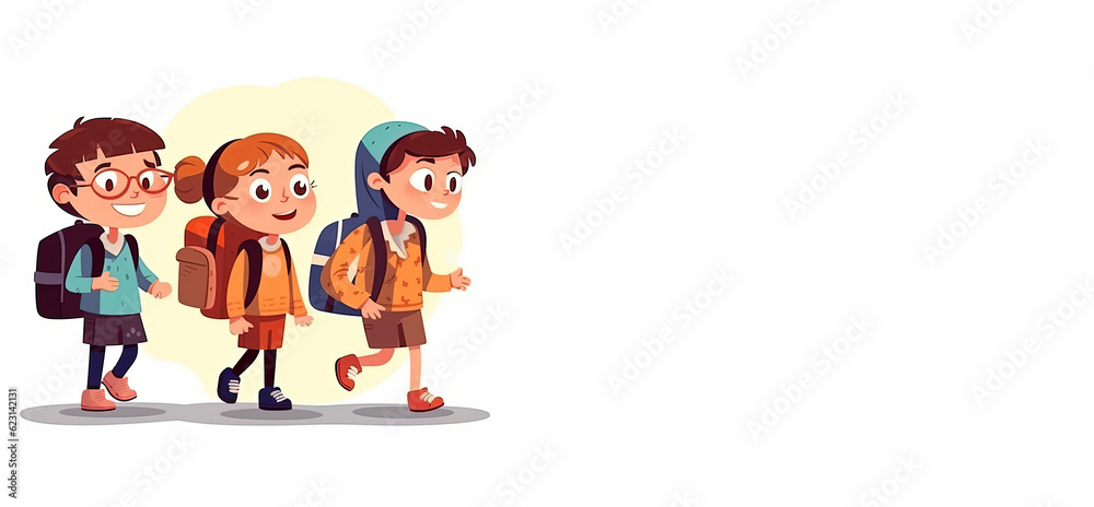 Cute kids going to school in cartoon style. Illustration of children with backpacks on a white background with space for text. AI generated