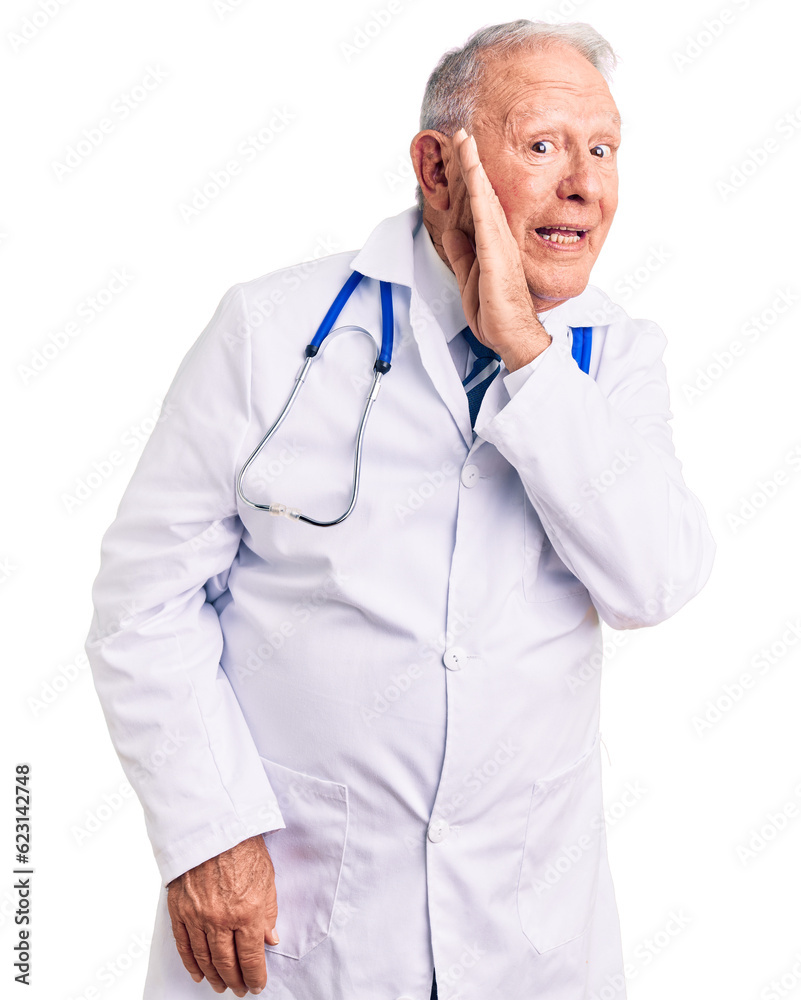 Senior handsome grey-haired man wearing doctor coat and stethoscope hand on mouth telling secret rumor, whispering malicious talk conversation Senior handsome grey-haired man wearing doctor coat and stethoscope hand on mouth telling secret rumor, whispering malicious talk conversation