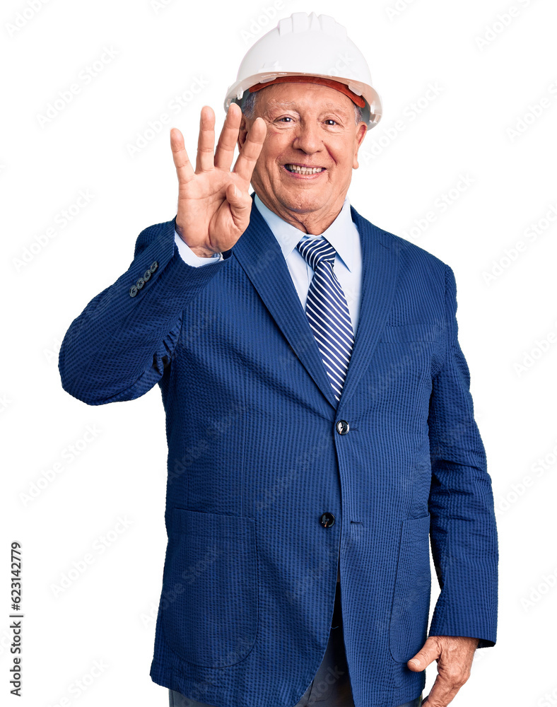 Senior handsome grey-haired man wearing suit and architect hardhat showing and pointing up with fingers number four while smiling confident and happy. Senior handsome grey-haired man wearing suit and architect hardhat showing and pointing up with fingers number four while smiling confident and happy.