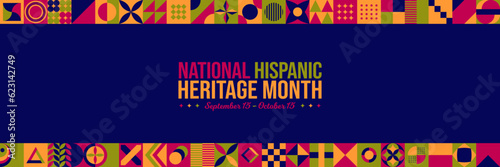 National Hispanic Heritage Month Abstract Background. September 15 to October 15 Awareness Celebration Colorful Typography Poster. Horizontal website banner vector illustration. Neo Geometric concept
