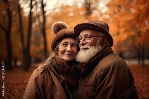 Elderly senior couple in warm clothes standing outdoors at autumn, created with Generative AI.